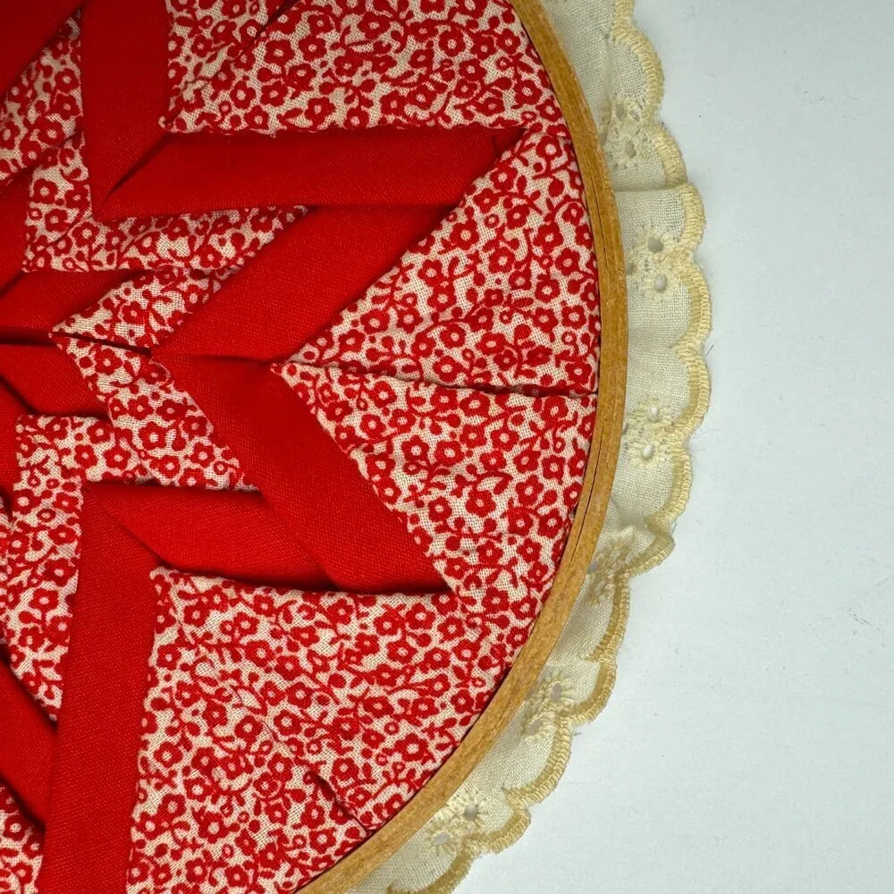 Vintage Red Folded Star Quilted Design Embroidery Hoop Wall ART Country Rustic